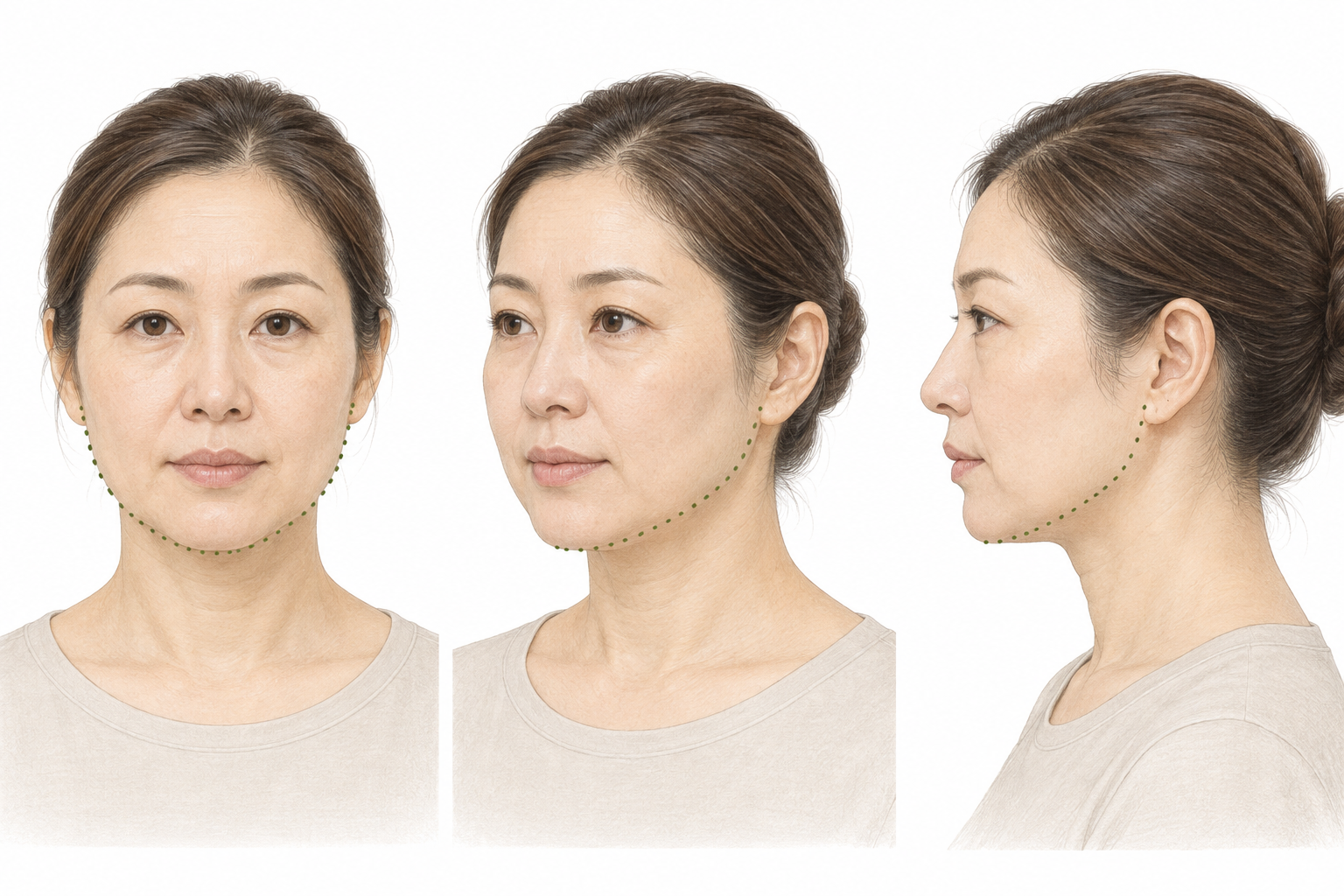 正面・斜め・横から顔と首のつながりを確認する模式図