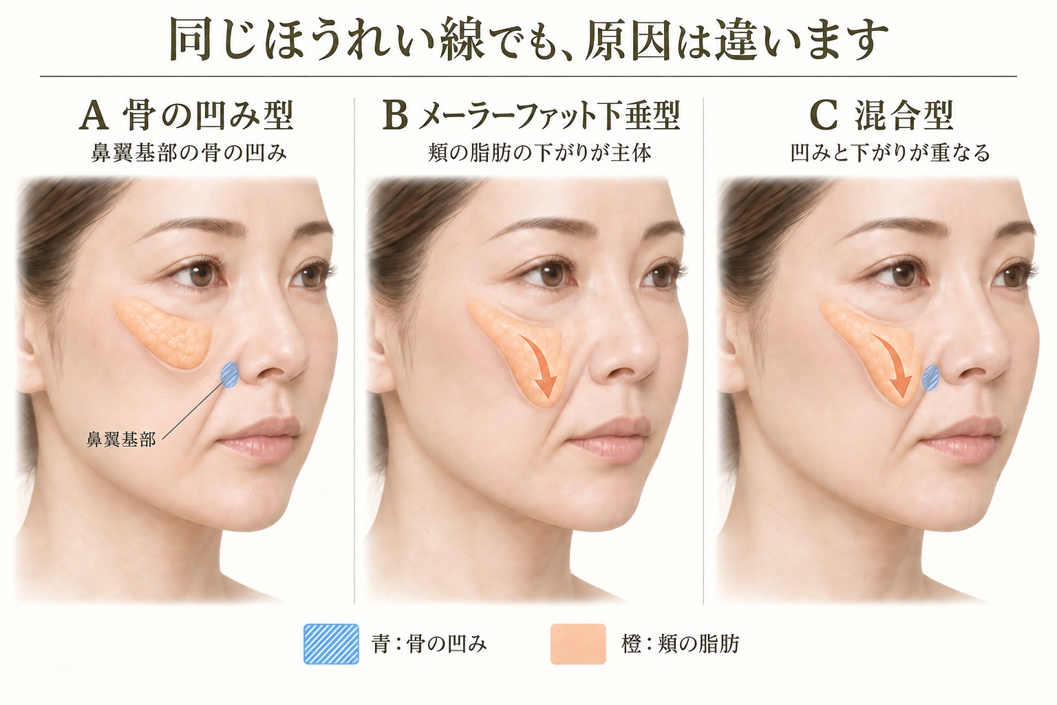 ほうれい線の原因の模式図。A:小鼻横の鼻翼基部の骨の凹み。B:頬の脂肪の下がり。C:両方が関わる混合型。