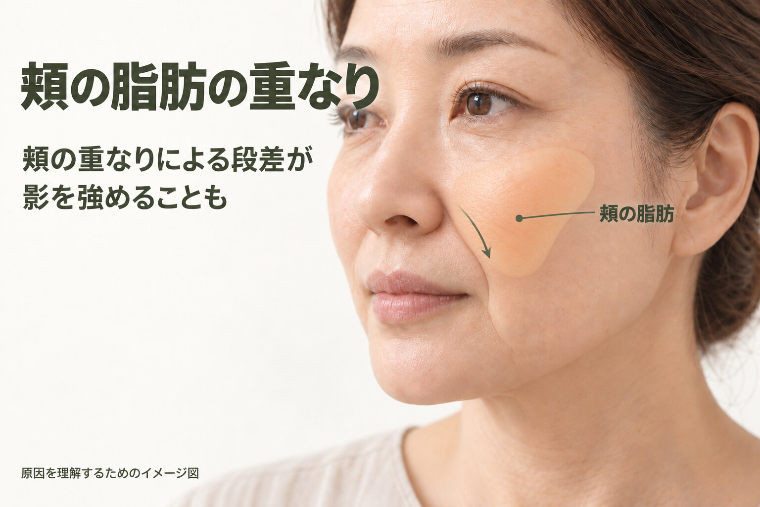 頬の脂肪の重なりが大きく関係している場合を説明するイメージ図